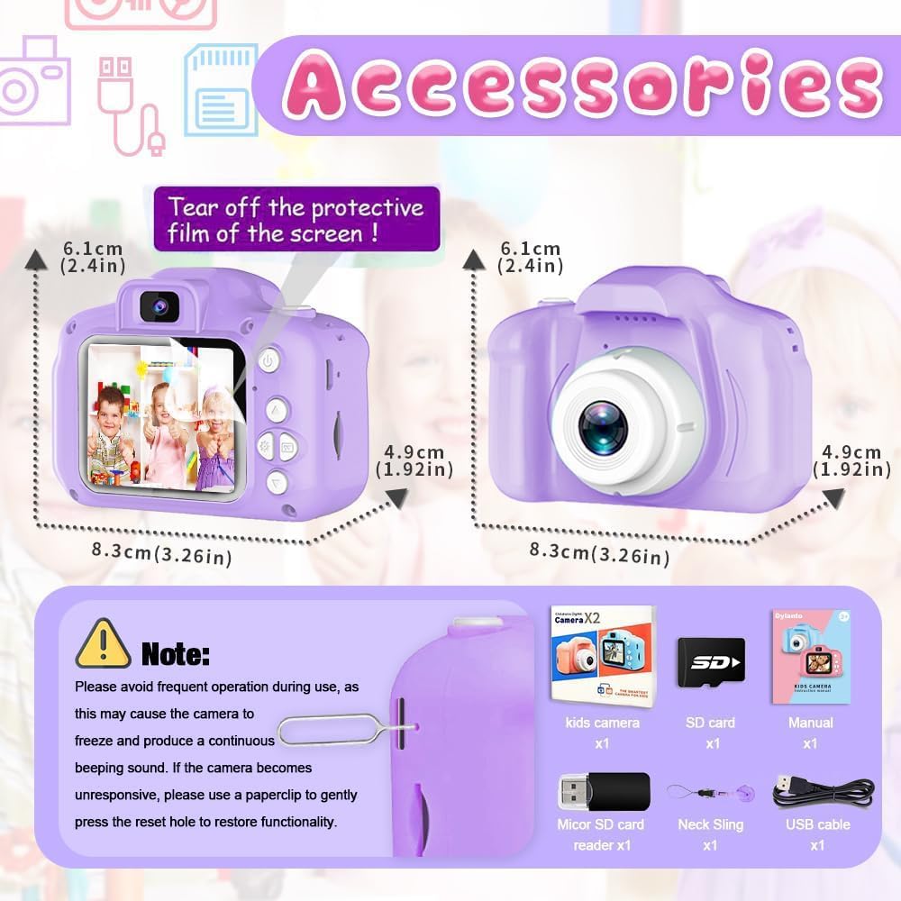Dylanto Upgrade Kids Selfie Camera, Christmas Birthday Gifts for Girls&Boys Age 3-9, HD Digital Video Cameras for Toddler, Portable Toy for 3 4 5 6 7 8 9 Year Old Girls with 8GB SD Card-Purple